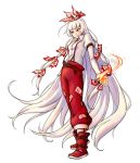  1girl absurdly_long_hair bangs belt blunt_bangs boots buckle fire flame floating_hair fujiwara_no_mokou full_body hair_ribbon highres juliet_sleeves long_hair long_sleeves looking_away pants parted_lips puffy_sleeves red_boots red_eyes red_pants red_shoes ribbon sanada_(tony2035176) shoes simple_background smirk solo standing suspenders touhou tress_ribbon very_long_hair white_background white_hair 