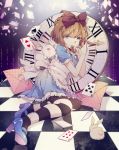  1girl alice_(wonderland) alice_(wonderland)_(cosplay) alice_in_wonderland animal_ears apron blue_eyes card dress haibara_ai highres lei_yaya meitantei_conan pantyhose rabbit rabbit_ears striped striped_legwear white_rabbit 