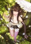  1girl bangs bare_shoulders bird black_eyes black_gloves black_hair blurry bow_(weapon) breasts bridal_gauntlets butterfly cat cleavage compound_bow depth_of_field detached_sleeves fingerless_gloves flower gloves hair_flower hair_ornament highres kinven original pantyhose payot pink_legwear pointy_ears single_elbow_glove single_sleeve sitting solo swept_bangs tree weapon 
