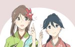  2girls amagi_(kantai_collection) asakawanwan blue_eyes blue_hair brown_eyes brown_hair furisode hair_between_eyes height_difference houshou_(kantai_collection) japanese_clothes kantai_collection kimono long_hair looking_at_another looking_up multiple_girls open_mouth pointing pointing_up ponytail 