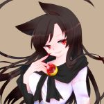  1girl animal_ears breasts brooch brown_background brown_hair dress fingernails hand_on_own_chest imaizumi_kagerou jewelry large_breasts long_hair looking_at_viewer nail_polish open_mouth red_eyes simple_background solo touhou wolf_ears 