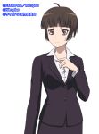  1girl brown_eyes brown_hair formal kougami_shin&#039;ya looking_at_viewer nitro+_blasterz nitroplus official_art psycho-pass short_hair solo suit tsunemori_akane 