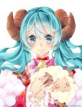  1girl aqua_eyes aqua_hair hatsune_miku horns japanese_clothes kimono long_hair mizuno_ritsu new_year sheep solo twintails vocaloid 