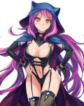  breasts buckle cape cuffs fishnets game_cg garter_straps hooded_cloak large_breasts long_hair pink_hair thigh-highs transparent_background very_long_hair yellow_eyes 