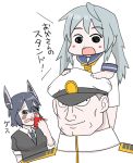  1boy 2girls blush_stickers borrowed_character chibi eyepatch gaiko_kujin handkerchief hat headgear kantai_collection matsuda_chiyohiko matsuda_tsubaki multiple_girls parody peaked_cap sailor_dress simple_background tearing_up tenryuu_(kantai_collection) translated 