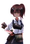  &gt;:( 1girl arrow backlighting blush brown_eyes brown_hair bust frown gaudeamus hakama_skirt hand_on_hip kaga_(kantai_collection) kantai_collection muneate quiver side_ponytail simple_background small_breasts solo tasuki white_background yugake 