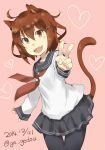  1girl :d ahoge anchor_symbol animal_ears black_legwear blush_stickers brown_eyes brown_hair cat_ears cat_tail dated dot_nose fang gedou_(ge_ge_gedou) hair_between_eyes hair_ornament hairpin heart ikazuchi_(kantai_collection) kantai_collection kemonomimi_mode long_sleeves looking_at_viewer neckerchief open_mouth pantyhose pink_background pleated_skirt school_uniform serafuku short_hair simple_background skirt sleeves_past_wrists smile solo tail twitter_username v 