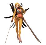  1girl absurdres belt black_eyes blonde_hair breasts cherrylich cigarette cleavage dual_wielding high_heels highres hips katana large_breasts lips long_hair midriff multiple_swords navel pants shiny shiny_clothes sketch skin_tight smoking solo sword weapon 