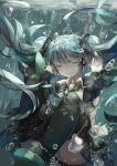  1girl aqua_hair boots bubble closed_eyes detached_sleeves hatsune_miku headphones long_hair necktie panties skirt solo submerged teeth_(artist) thigh-highs thigh_boots twintails underwater underwear very_long_hair vocaloid 