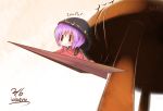  &gt;:) 1girl artist_name bikuseno blush bowl_hat chibi dated english flying full_body japanese_clothes kimono lying minigirl obi on_stomach paper_airplane purple_hair rice_bowl sash short_hair signature sketch smile solid_oval_eyes solo sukuna_shinmyoumaru table touhou 