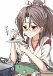  1girl airplane bespectacled brown_eyes brown_hair glasses glue high_ponytail highres japanese_clothes kantai_collection rabochicken red-framed_glasses semi-rimless_glasses simple_background solo sweat trembling under-rim_glasses wavy_mouth white_background zuihou_(kantai_collection) 