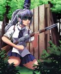  1girl adapted_costume blue_eyes blue_hair blue_shoes blurry breasts depth_of_field goggles grass gun highres kouno_ibuki long_hair mononobe_no_futo parted_lips pointy_nose ponytail ribbon rifle shooting_range silhouette skirt solo squatting tagme touhou tree weapon 