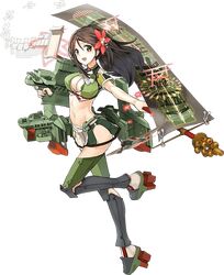  1girl :d amagi_(kantai_collection) breasts brown_eyes brown_hair cleavage flag kantai_collection kuuro_kuro long_hair looking_at_viewer machinery navel official_art open_mouth ponytail shikigami simple_background smile solo transparent_background 