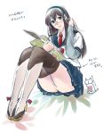  1girl batsubyou black_hair blue_eyes blue_skirt cat feathers glasses hairband hiyoshi_hana kantai_collection legs_together long_hair long_sleeves necktie ooyodo_(kantai_collection) open_mouth panties pantyshot pantyshot_(sitting) pen pleated_skirt school_uniform serafuku sitting skirt smile solo thigh-highs translation_request underwear white_panties 