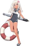  1girl :d bare_legs bare_shoulders blonde_hair blue_eyes blush bracelet jewelry kantai_collection lifebuoy long_hair looking_at_viewer neckerchief official_art open_mouth ro-500_(kantai_collection) sailor_collar school_swimsuit shimada_fumikane slippers smile solo swimsuit swimsuit_under_clothes tan tanline torpedo transparent_background u-511_(kantai_collection) 