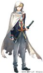  1boy artist_request blonde_hair cloak company_name dated full_body green_eyes jpeg_artifacts katana looking_at_viewer male_focus necktie official_art shoes short_hair simple_background solo standing sword torn_clothes touken_ranbu weapon white_background yamanbagiri_kunihiro 