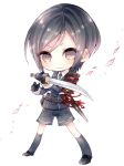  1boy black_gloves black_hair cherry_blossoms chibi double-breasted full_body gloves highres looking_at_viewer male_focus military military_uniform necktie niwako shoes short_hair simple_background socks sode solo standing tantou touken_ranbu uniform white_background yagen_toushirou 