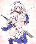  1girl bikini blue_eyes blue_gloves blush boots breasts cleavage collar flying_sweatdrops gloves hairband heart highres leash leg_up lena_(zoal) navel open_mouth short_twintails side-tie_bikini sketch solo string_bikini swimsuit sword thigh-highs thigh_boots twintails weapon white_bikini white_hair white_legwear white_swimsuit 