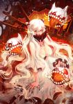  1girl ahoge artist_name breasts burning_eye cannon cleavage covered_mouth dress highres horns kantai_collection large_breasts long_hair looking_at_viewer meoon midway_hime orange_eyes shinkaisei-kan signature sitting solo turret very_long_hair white_dress white_hair 