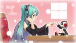  1girl chair character_name chin_rest detached_sleeves from_side gogatsu_no_renkyuu green_eyes green_hair hatsune_miku headphones highres long_hair necktie robot sitting table twintails vocaloid 