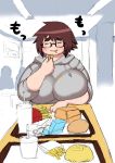  1girl ^_^ blush breast_rest breasts brown_hair closed_eyes drink eating eyebrows fat food food_on_clothes french_fries glasses hamburger huge_breasts kojima_video mcdonald&#039;s obese original pov_dating short_eyebrows short_hair sketch solo thick_eyebrows 