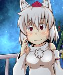  1girl animal_ears bamboo bare_shoulders blush breasts chikinman detached_sleeves hat inubashiri_momiji light_smile looking_at_viewer night pom_poms red_eyes ribbon-trimmed_sleeves ribbon_trim short_hair silver_hair sky solo star_(sky) starry_sky tokin_hat touhou wolf_ears 