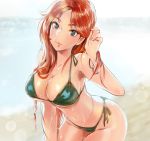  1girl bikini blush bracelet braid breasts cleavage earrings green_bikini green_eyes hair_tucking hong_meiling jewelry large_breasts leaning_forward long_hair looking_at_viewer matsuda_(matsukichi) navel redhead side-tie_bikini sketch smile solo string_bikini swimsuit touhou wet 