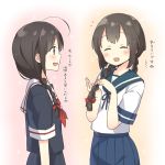  2girls :d ^_^ ahoge black_hair black_serafuku black_skirt blue_eyes blue_skirt braid closed_eyes hair_ribbon isonami_(kantai_collection) kantai_collection multiple_girls neckerchief open_mouth pleated_skirt ribbon sailor_collar school_uniform serafuku shigure_(kantai_collection) shima_(shima_je) single_braid skirt smile translation_request twin_braids 