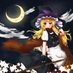  1girl amalemon apron blonde_hair bow braid broom bush clouds crescent_moon gloves half-closed_eye hat hat_bow highres kirisame_marisa long_hair moon night night_sky orange_eyes scarf side_braid skirt sky smile solo star star_(sky) starry_sky tongue tongue_out touhou vest witch_hat 