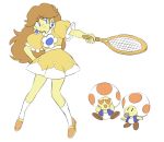  akiyoku blue_eyes brown_hair dress hand_on_hip heart heart_eyes long_hair nintendo princess_daisy racket super_mario_bros. tennis_racket toad whistle 
