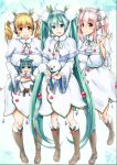  4girls ahoge blonde_hair blue_eyes boots chibi crossover ganari_ryuu green_hair hatsune_miku headphones headset knee_boots long_hair looking_at_viewer multiple_girls nitroplus open_mouth orange_eyes pink_hair rabbit red_eyes smile snowdrop_(flower) super_pochaco super_sonico twintails very_long_hair vocaloid yuki_miku 