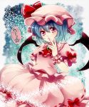  1girl ascot bat_wings blue_hair bow brooch haruki_5050 hat hat_ribbon jewelry looking_at_viewer open_mouth red_eyes remilia_scarlet ribbon short_hair skirt skirt_set solo touhou translation_request wings wrist_cuffs 