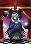  1girl armchair blue_hair chair detached_sleeves glasses hairband highres looking_at_viewer one_eye_closed original potato_pot red_eyes short_hair solo 