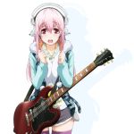  1girl blush breasts electric_guitar guitar headphones highres instrument large_breasts long_hair looking_at_viewer nitroplus official_art open_mouth pink_hair purple_legwear red_eyes skindentation skirt smile solo soniani super_sonico tamura_masafumi thigh-highs 