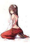  1girl artist_name bare_shoulders black_hair blush breasts brown_eyes detached_sleeves hakama japanese_clothes long_hair open_clothes original petals sandals simple_background sitting smile solo sorolp wariza white_background white_legwear 