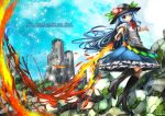 1girl blue_hair blue_sky blurry boots bow broken_ground food fruit hat high_heel_boots high_heels hinanawi_tenshi knee_boots mountain peach puffy_short_sleeves puffy_sleeves red_eyes shirt short_sleeves skirt sky solo sword_of_hisou touhou umigarasu_(kitsune1963) 
