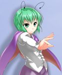  1girl antennae blue_background cape frown green_eyes green_hair highres juliet_sleeves long_sleeves looking_away outstretched_arm puffy_sleeves serious shadow shingen_(tudakaayato) short_hair solo touhou wriggle_nightbug 