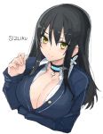  angelo_(gomahangetsu) black_hair breast_hold breasts bust cardigan choker cleavage earrings engrish jewelry jk_bitch_sannin_musume! large_breasts looking_at_viewer nishizawa_shizuku open_clothes open_shirt payot ranguage simple_background sketch smile white_background yellow_eyes 