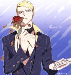  1boy blonde_hair blue_eyes flower formal hokuto_shun jojo_no_kimyou_na_bouken prosciutto rose solo suit 