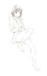  1girl barefoot dress_shirt monochrome original shirt short_hair sketch solo traditional_media yoshitomi_akihito 