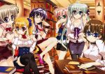  6+girls :o :p absurdres adjusting_glasses bespectacled blonde_hair blue_eyes blush book book_stack bookshelf bowtie breasts brown_hair cleavage corona_timir crossed_legs einhart_stratos fang fishnet_legwear fishnets frilled_shirt frown fujima_takuya glasses green_eyes green_hair hair_ribbon heterochromia highres huge_filesize large_breasts library long_hair looking_at_viewer lyrical_nanoha mahou_shoujo_lyrical_nanoha_vivid miura_rinaldi multiple_girls necktie official_art older over-rim_glasses pantyhose pink_hair purple_hair red_eyes ribbon rio_wezley semi-rimless_glasses short_hair side_ponytail side_slit skirt smile thigh-highs tongue tongue_out twintails under-rim_glasses violet_eyes vivio wrist_cuffs yagami_hayate 
