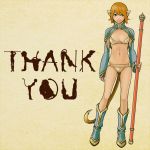 1girl animal_ears boots breasts brown_hair english genderswap green_eyes journey_to_the_west lips monkey_tail navel polearm rosy_cheeks sleeves_past_wrists smile solo staff standing sun_wukong tail thank_you underwear weapon yuuhei 