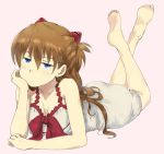  1girl :| bad_feet bare_shoulders barefoot blue_eyes blush brown_hair collarbone elbow_rest gedou_(ge_ge_gedou) hair_ornament hand_on_own_chin jitome long_hair looking_at_viewer lying neon_genesis_evangelion nightgown on_stomach pink_background simple_background solo souryuu_asuka_langley twintails 