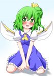  1girl :d arm_support ascot blush breasts daiyousei dress fairy_wings green_eyes green_hair highres leaning_forward looking_at_viewer open_mouth puffy_short_sleeves puffy_sleeves short_sleeves side_ponytail sitting smile solo touhou v_arms wariza wings yakumo_nanahara 