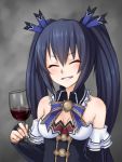  1girl alcohol bare_shoulders black_hair blush breasts bridal_gauntlets bust choujigen_game_neptune closed_eyes cup detached_collar detached_sleeves fingerless_gloves gloves hair_ornament long_hair monorus neptune_(series) noire ribbon smile solo twintails very_long_hair wine wine_glass 