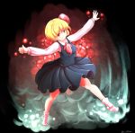  1girl artist_name blonde_hair dated furim outstretched_arms red_eyes rumia shirt short_hair signature skirt smile socks spread_arms touhou vest 