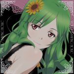  1girl album_cover alternate_costume alternate_hairstyle black_background cover flower green_hair hair_flower hair_ornament kazami_yuuka kazami_yuuka_(pc-98) long_hair parasol portrait red_eyes simple_background sleeveless smile solo sunflower text touhou tsukimido umbrella 
