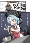  1girl apron bat_wings blue_hair blush bowl chocolate comic headwear noya_makoto open_mouth pointy_ears red_eyes remilia_scarlet ribbon short_hair solo sweat thermos touhou translation_request valentine wings 