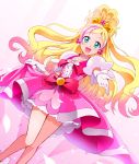  1girl :d blonde_hair bow brooch choker cure_flora earrings gloves go!_princess_precure green_eyes half_updo haruno_haruka jewelry kisuke_(akutamu) long_hair magical_girl multicolored_hair open_mouth outstretched_hand pink_hair pink_skirt precure puffy_short_sleeves puffy_sleeves short_sleeves skirt smile solo streaked_hair two-tone_hair white_background 
