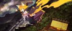  1girl amatsu_kitsune_(vocaloid) animal_ears blonde_hair blue_eyes detached_sleeves floating fox_ears fox_tail hair_ornament hairclip highres japanese_clothes kagamine_rin kitsune_(kazenouta) looking_at_viewer outstretched_arms short_hair solo spread_arms tail vocaloid 